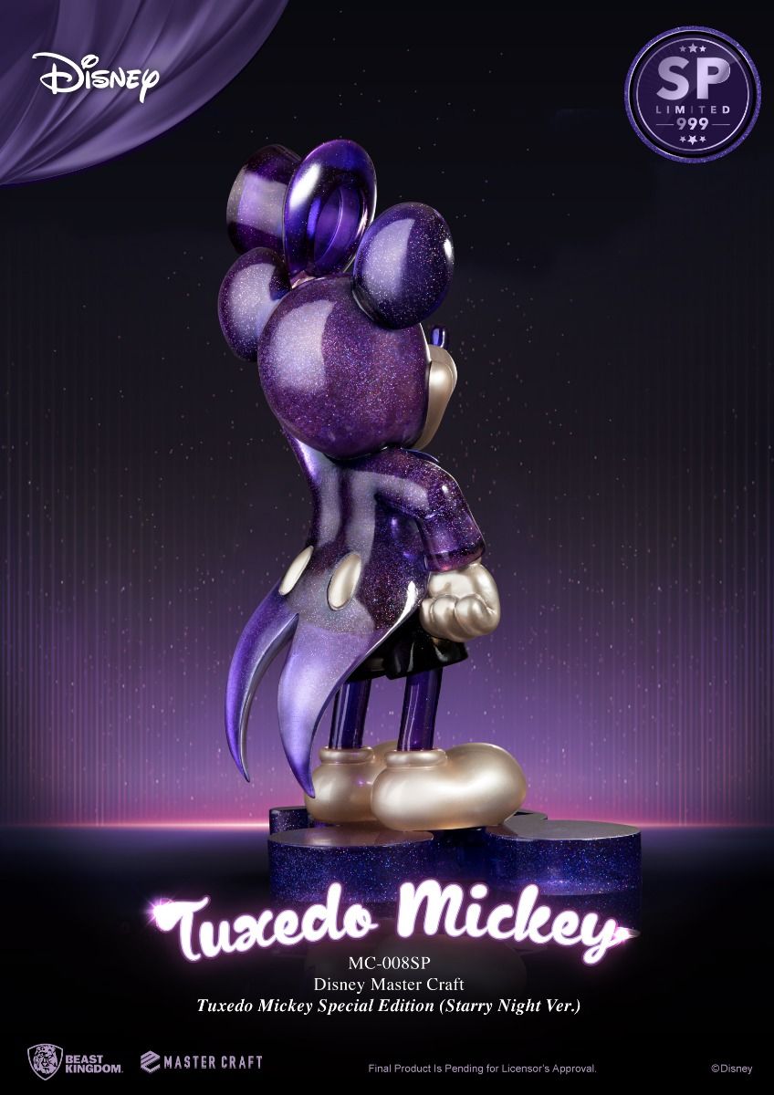 Close-up side view of special edition Disney Master Craft Mickey Mouse tuxedo figure with starry night theme