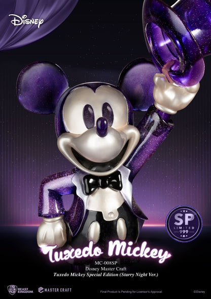 Front angle of special edition Disney Master Craft Mickey Mouse tuxedo figure with starry night theme, showing detailed sculpt and paint
