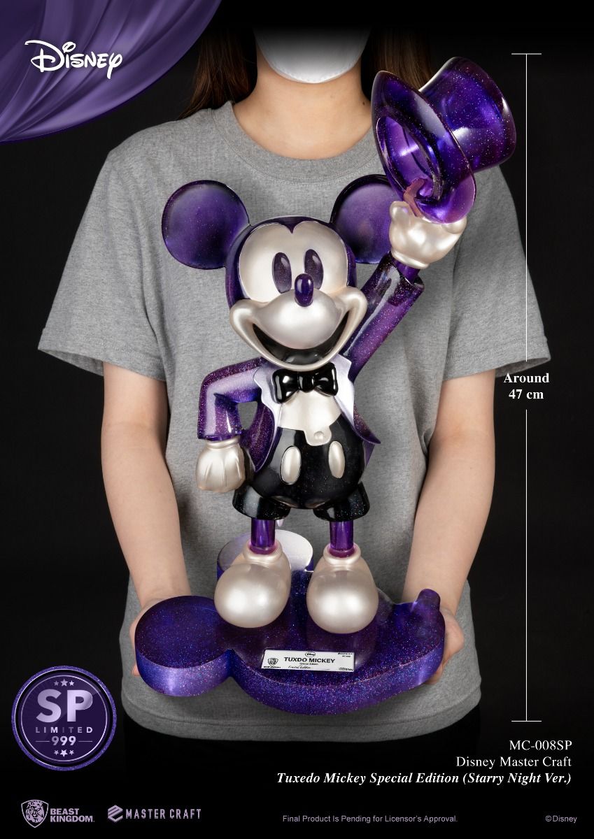 Rear view of Disney Master Craft special edition Mickey Mouse in tuxedo with starry night design on base and figure