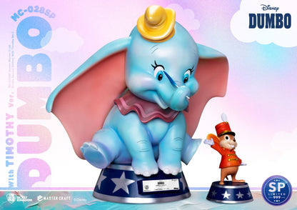Blue Dumbo and Timothy collectible figures on star-studded circus stands with a limited edition badge