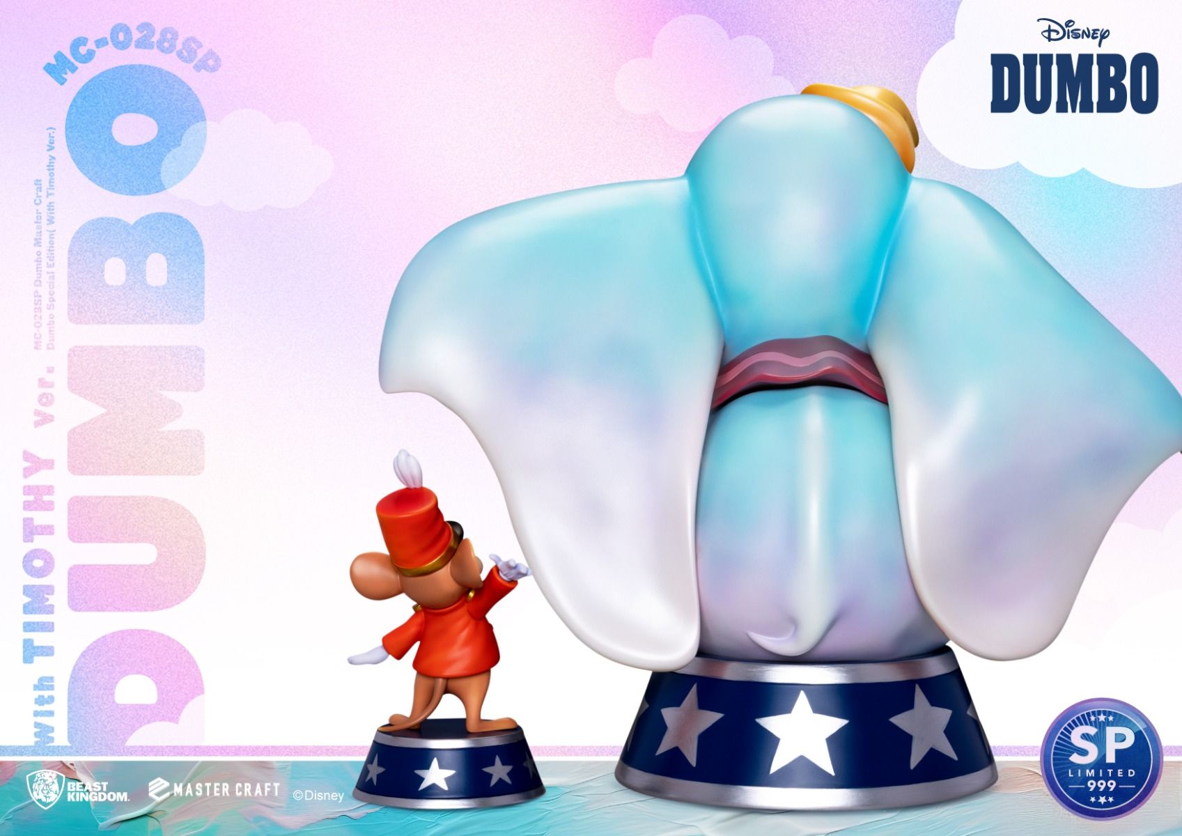 Dumbo and Timothy Q Mouse figure in showman outfits on blue star bases
