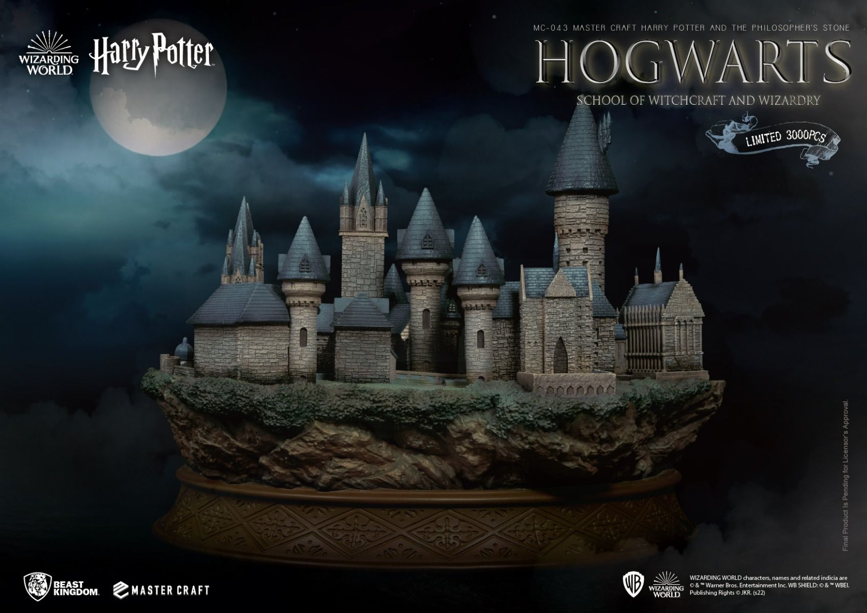 Angled view showcasing stonework and architecture of the Hogwarts School statue