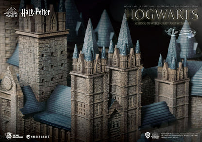 Side profile showing layered structures of the Hogwarts School statue