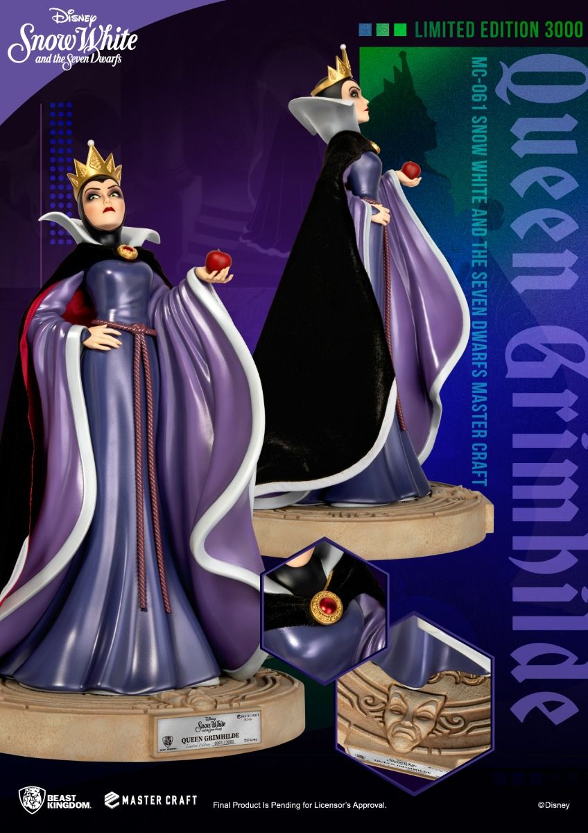 Limited Edition 3000 Queen Grimhilde statue from Snow White and the Seven Dwarfs in her iconic purple gown with black and red cape holding a red apple