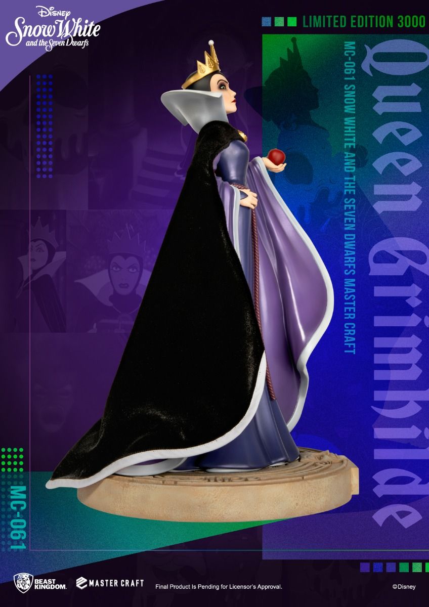 Side view of the evil Queen Grimhilde from Disney's Snow White and the Seven Dwarfs holding a poisoned apple in her hand