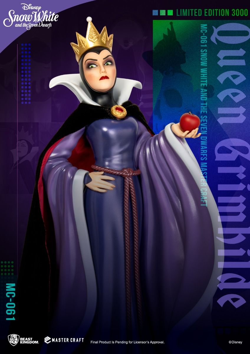 Queen Grimhilde Master Craft statue holding a red apple wearing a purple dress black cape and golden crown