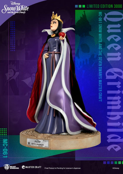 Queen Grimhilde collectible statue in a dark purple gown and cape holding a red apple