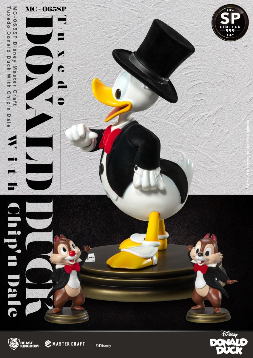 Side view showing Donald holding a cane while Chip climbs on his shoulder