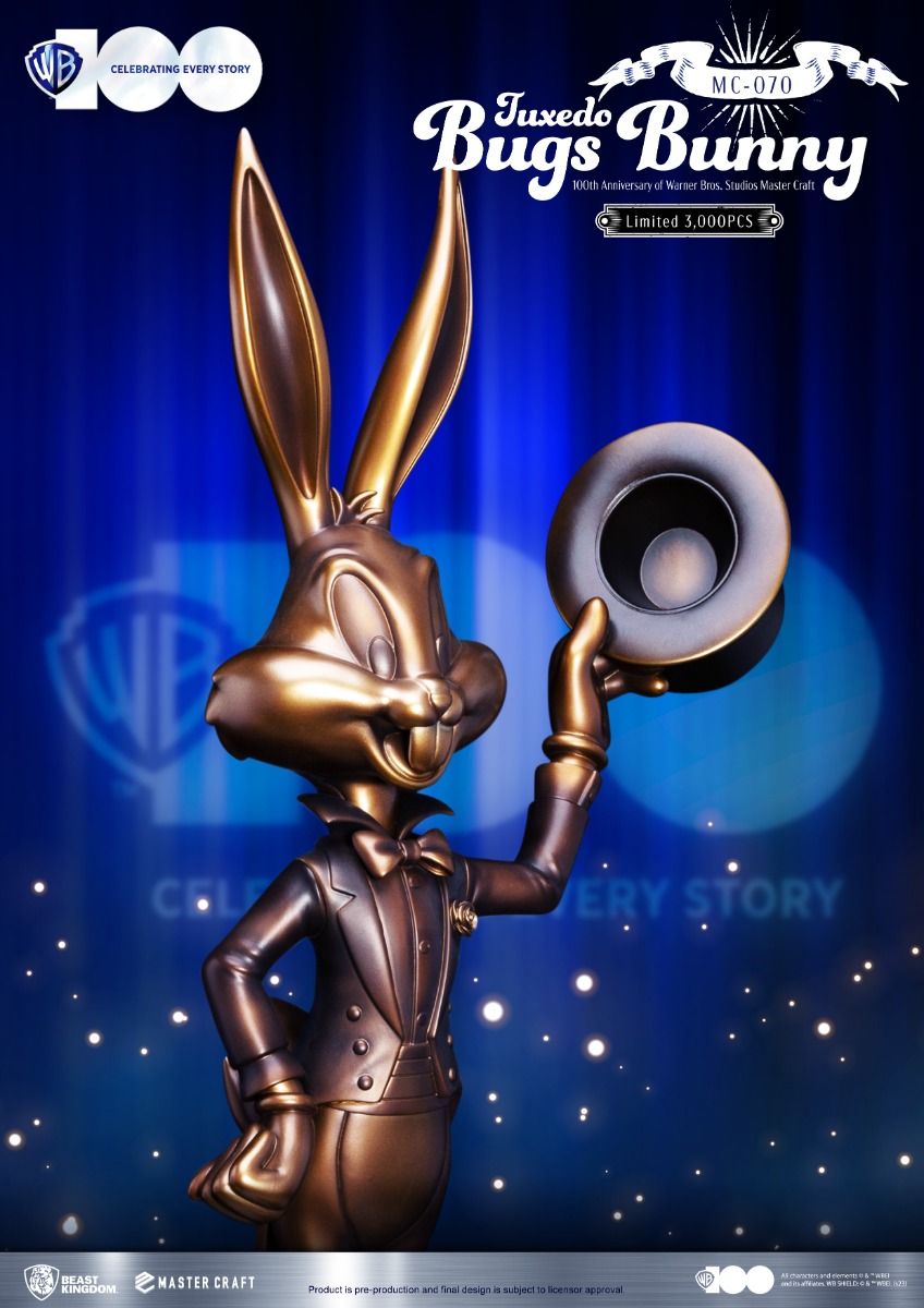 Bronze Bugs Bunny statue in a tuxedo holding a top hat celebrating Warner Bros 100th Anniversary limited edition
