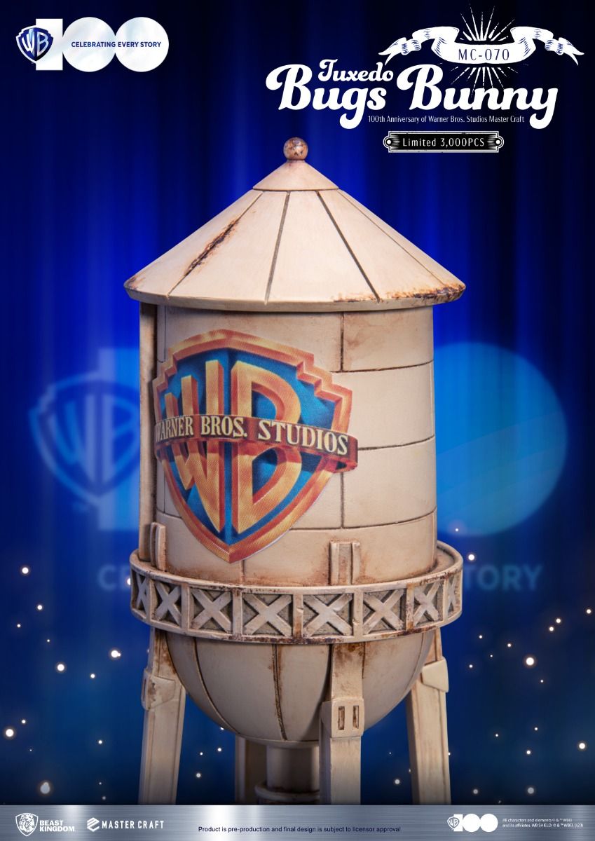 Vintage Warner Bros Studios water tower replica with classic WB shield logo in distressed finish