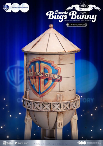 Vintage Warner Bros Studios water tower replica with classic WB shield logo in distressed finish