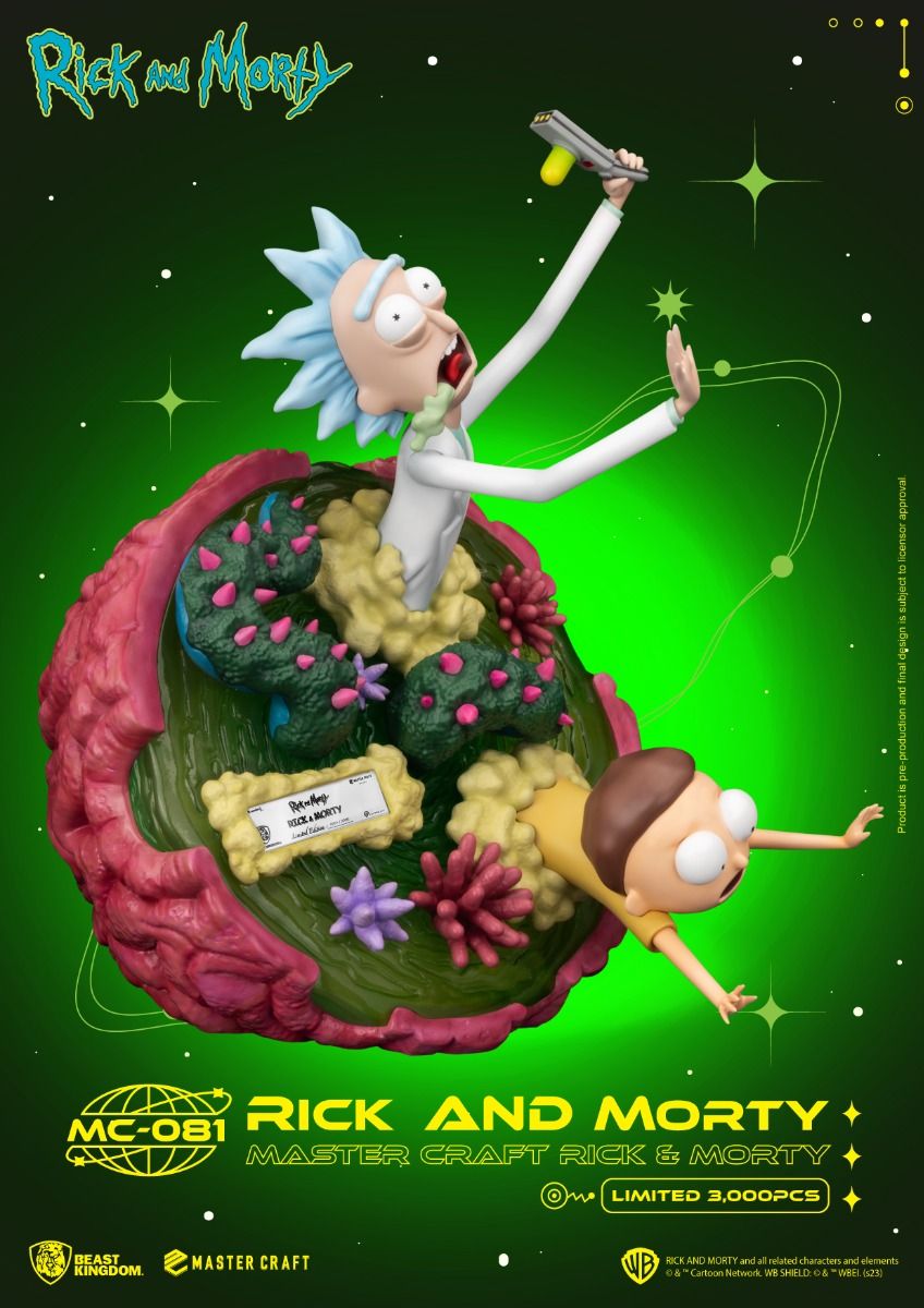 Close-up of Rick with spiky blue hair and lab coat