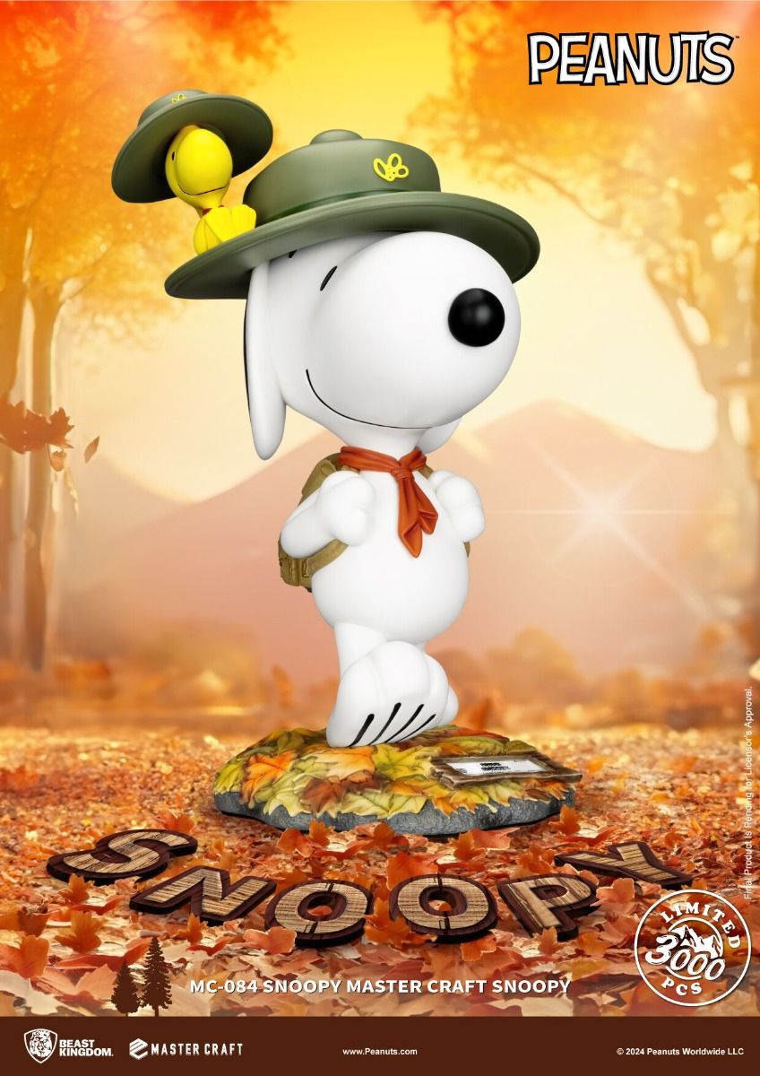 Snoopy and Woodstock in explorer hats stand on an autumn leaf base for Beast Kingdom Master Craft statue