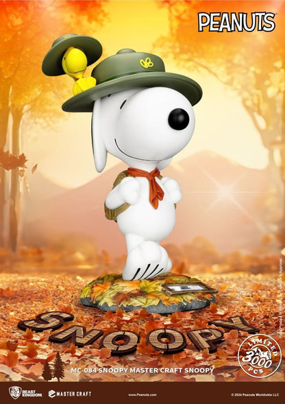 Snoopy and Woodstock in explorer hats stand on an autumn leaf base for Beast Kingdom Master Craft statue