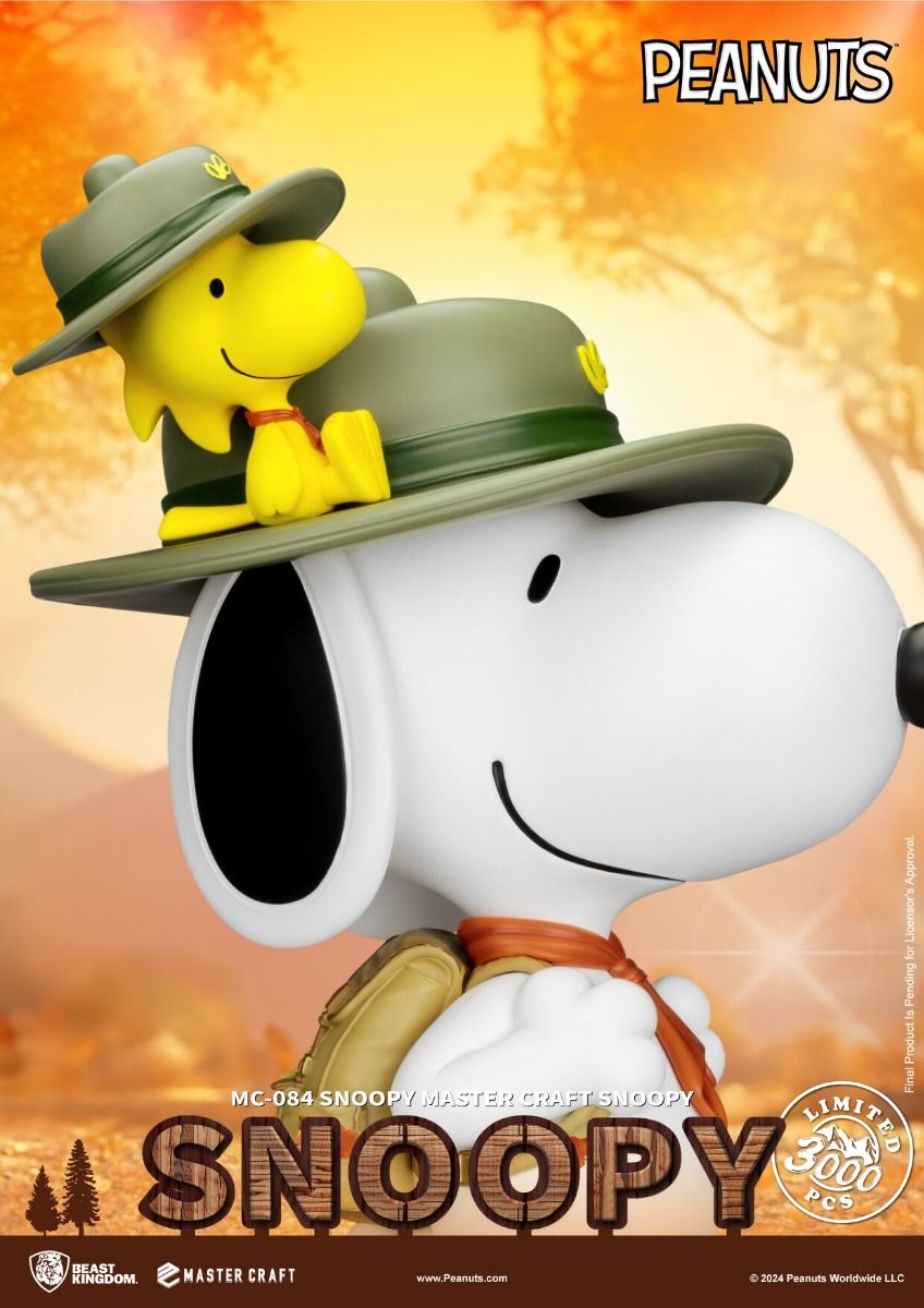Snoopy and Woodstock figures wearing green hats and backpacks