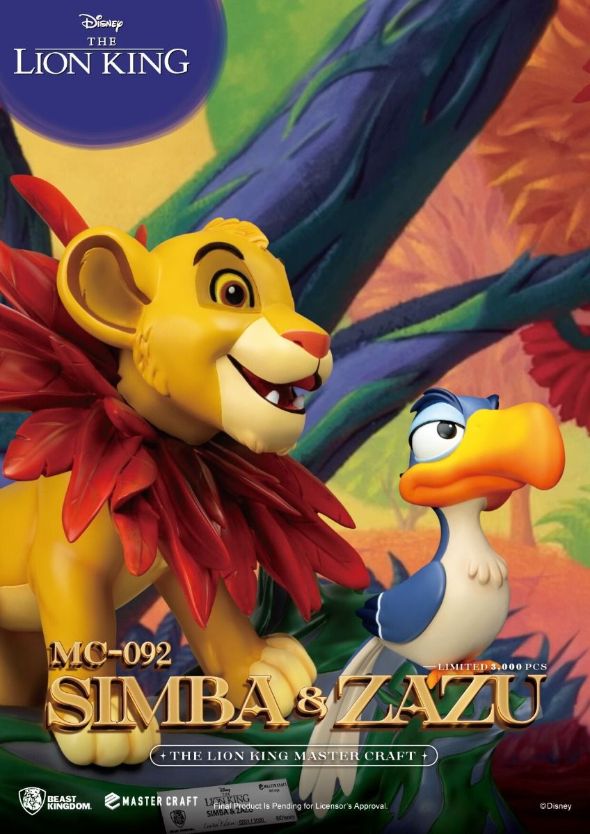 Detailed figure of young Simba sitting beside Zazu on a grassy rock base