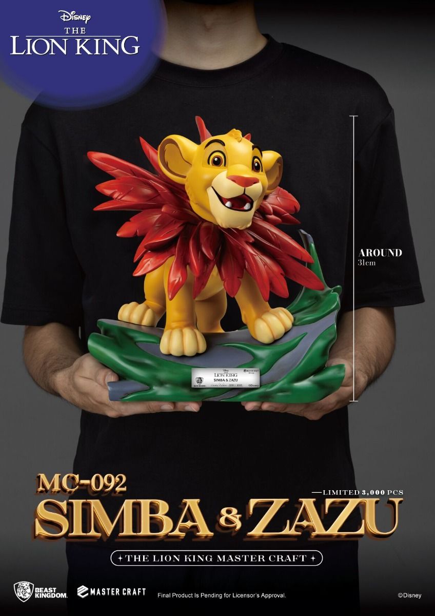 Front-right perspective of Simba and Zazu figure with elevated display base