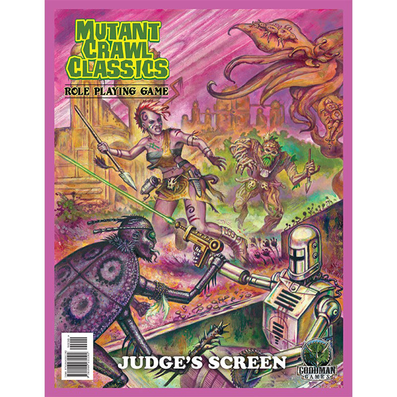 Mutant Crawl Classics Judge's Screen cover: Laser-eyed mutant, beetle-creature, and robot in a post-apocalyptic battle