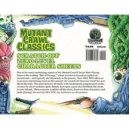 Cover for Mutant Crawl Classics Scratch-Off Zero-Level Character Sheets, showing creatures and a hand scratching