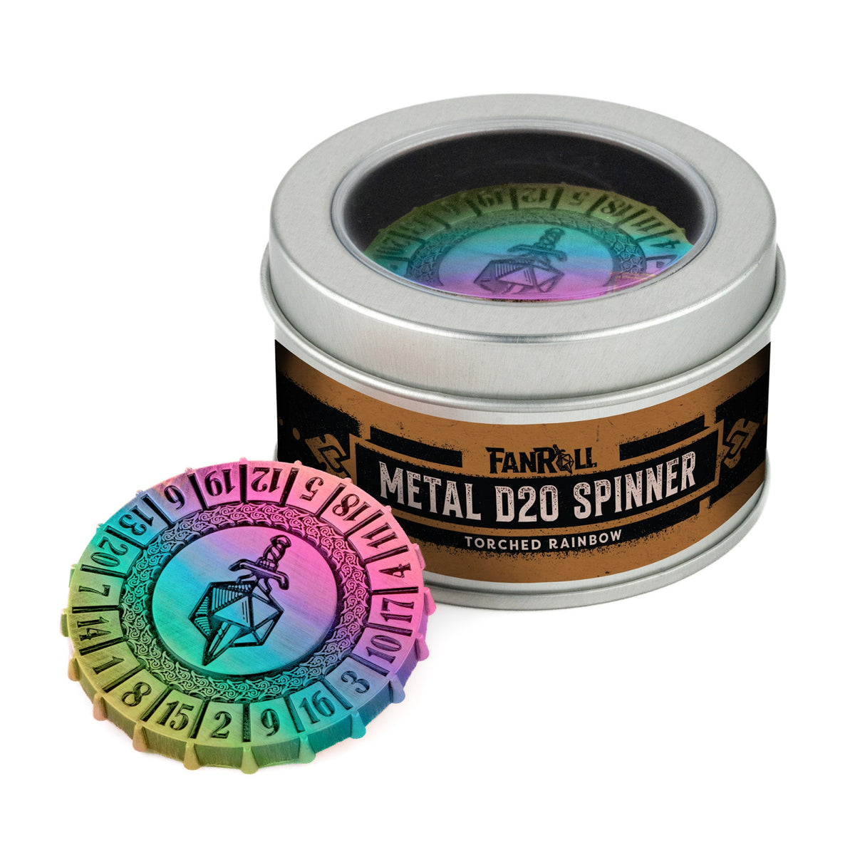 Metallic Dice Games Metal d20 Spinner Torched Rainbow (Preorder) - Good Games