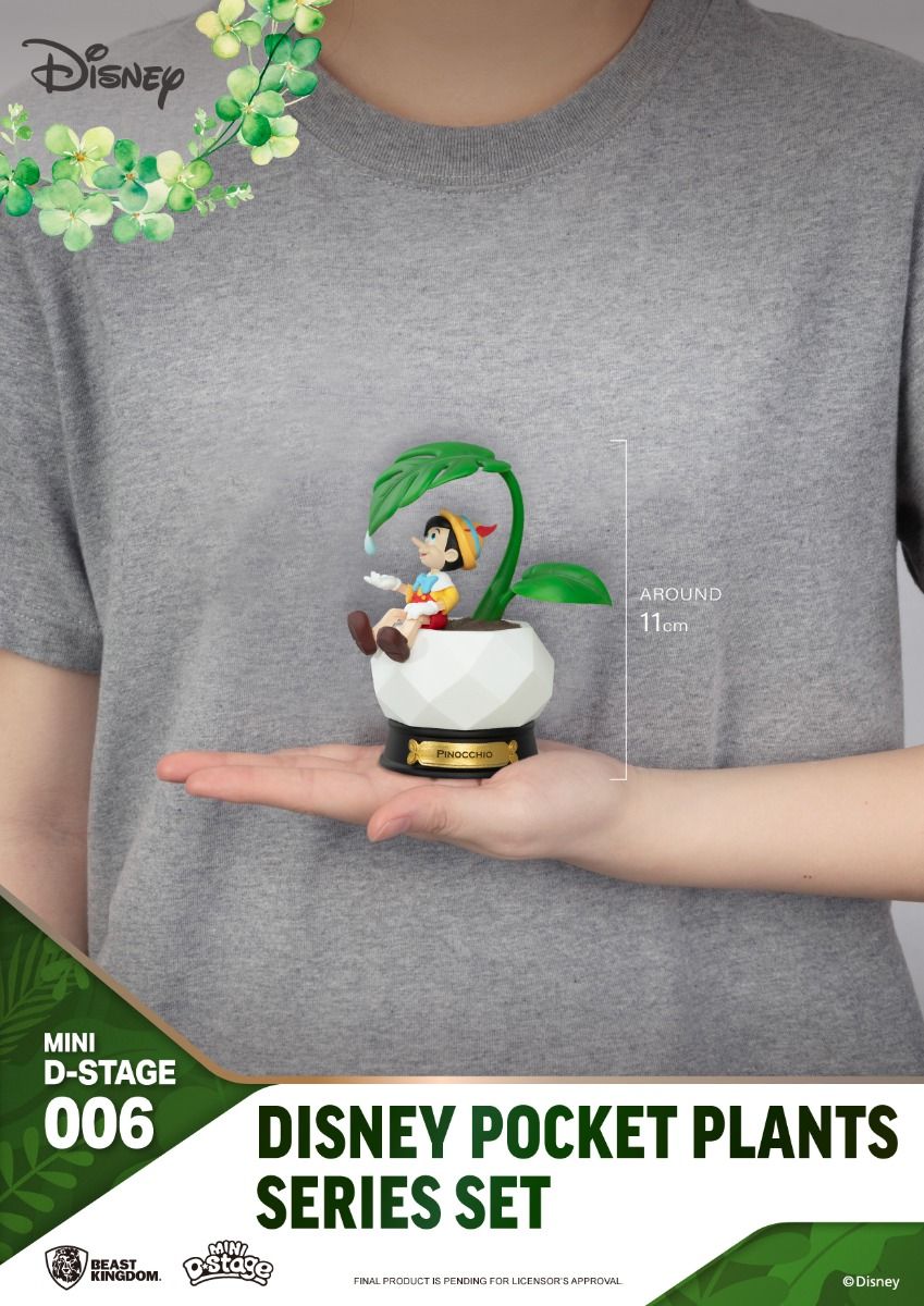 All six Disney Pocket Plants mini figures shown outside the packaging on a white background