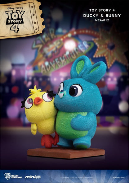 Toy Story 4 Ducky and Bunny action figures on a dark blue surface