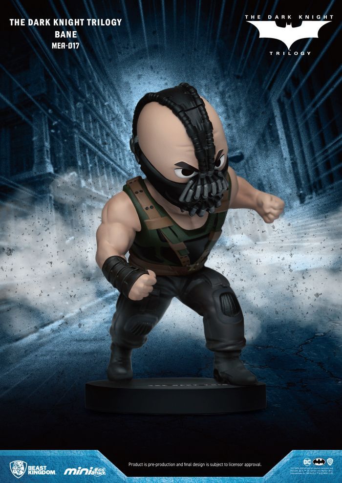 The Dark Knight Trilogy Bane MEA-017 mini egg attack action figure with detailed mask and tactical gear on a dark base