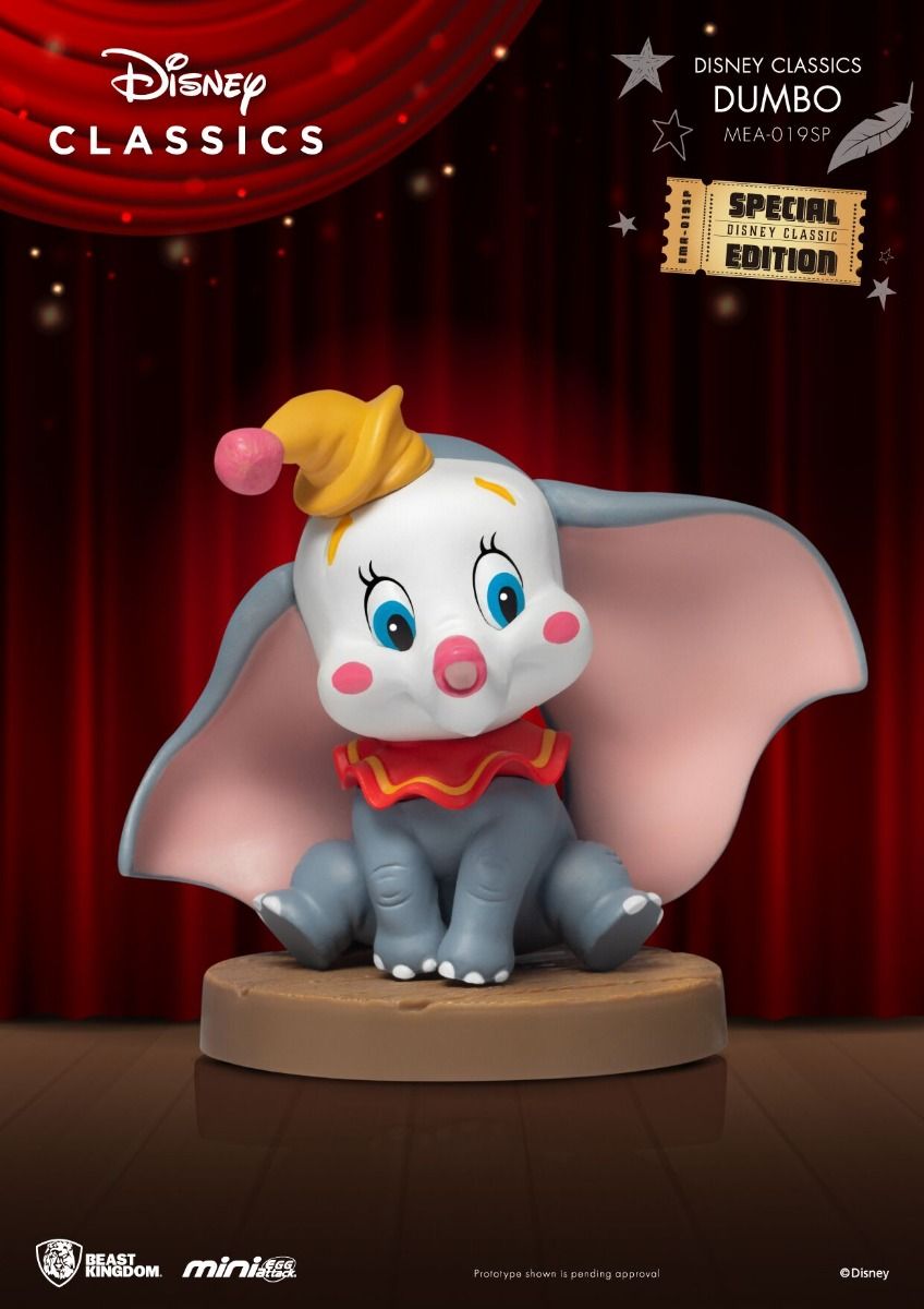 Dumbo Mini Egg Attack special edition figure on a wooden stage with red curtain backdrop