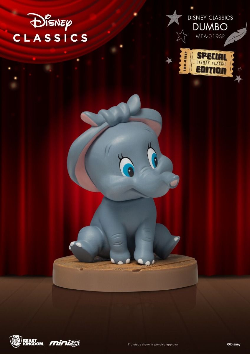 Dumbo MEA-019SP Disney Classic mini figure seated on a brown wooden base against a red curtain background