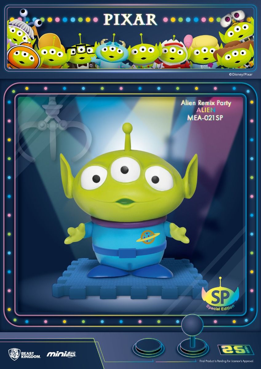 Green Alien Remix Special Edition Toy Story collectible figure with three eyes blue suit and purple collar standing on a blue base
