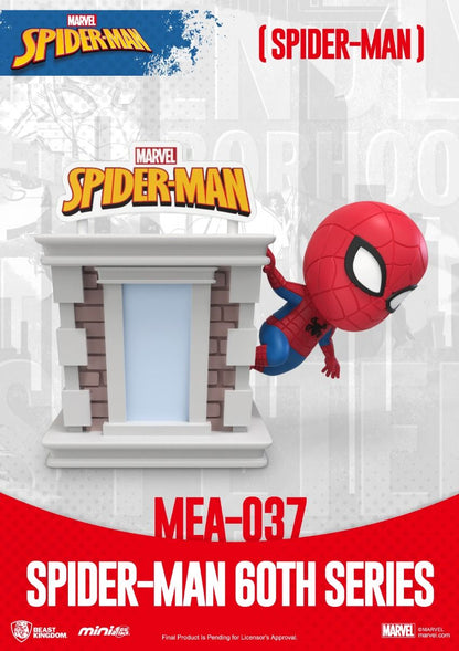 Beast Kingdom MEA-037 Spider-Man 60th Series mini figure climbing a brown brick building section
