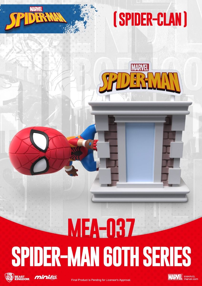 Spider-Man Mini Egg Attack figure of chibi Spider-Man dangling from a building rooftop sign
