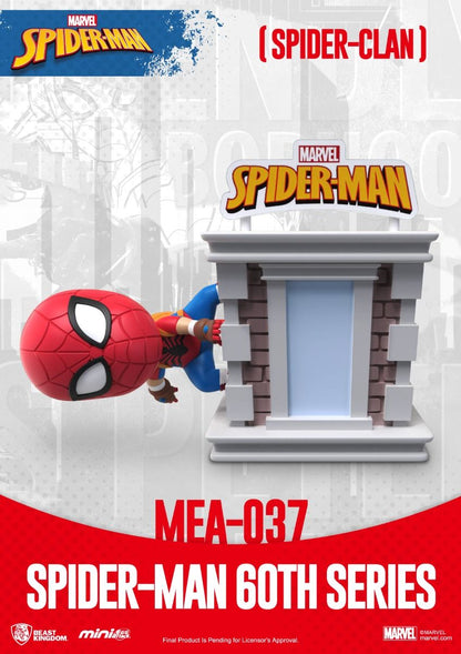 Spider-Man Mini Egg Attack figure of chibi Spider-Man dangling from a building rooftop sign