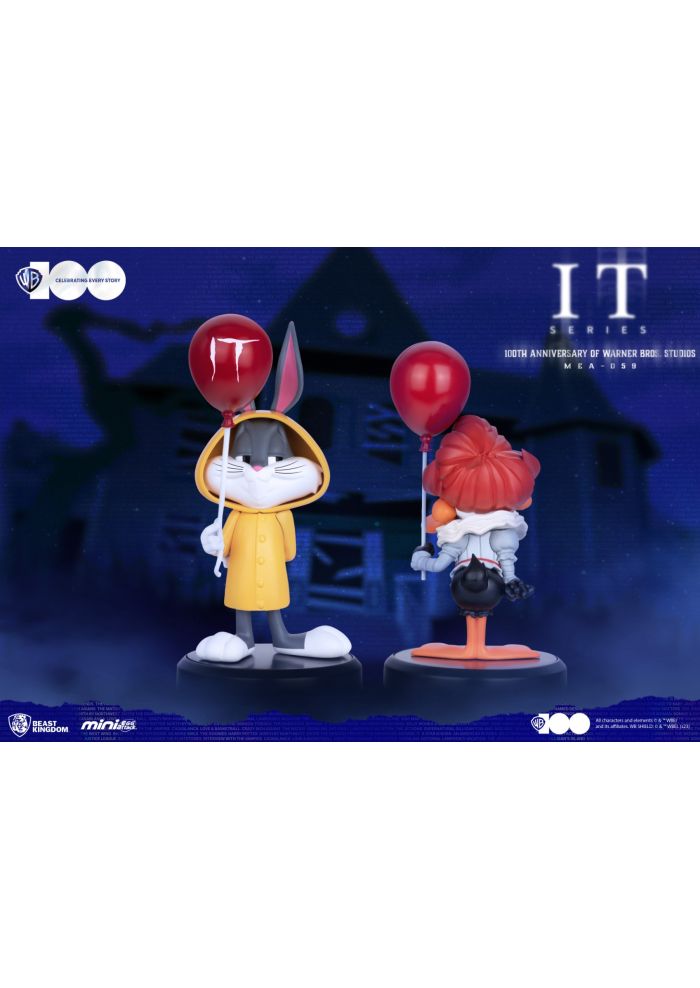 Beast Kingdom Mini Egg Attack Looney Tunes IT Series figures Bugs Bunny and Daffy Duck with red balloons in front of a spooky house