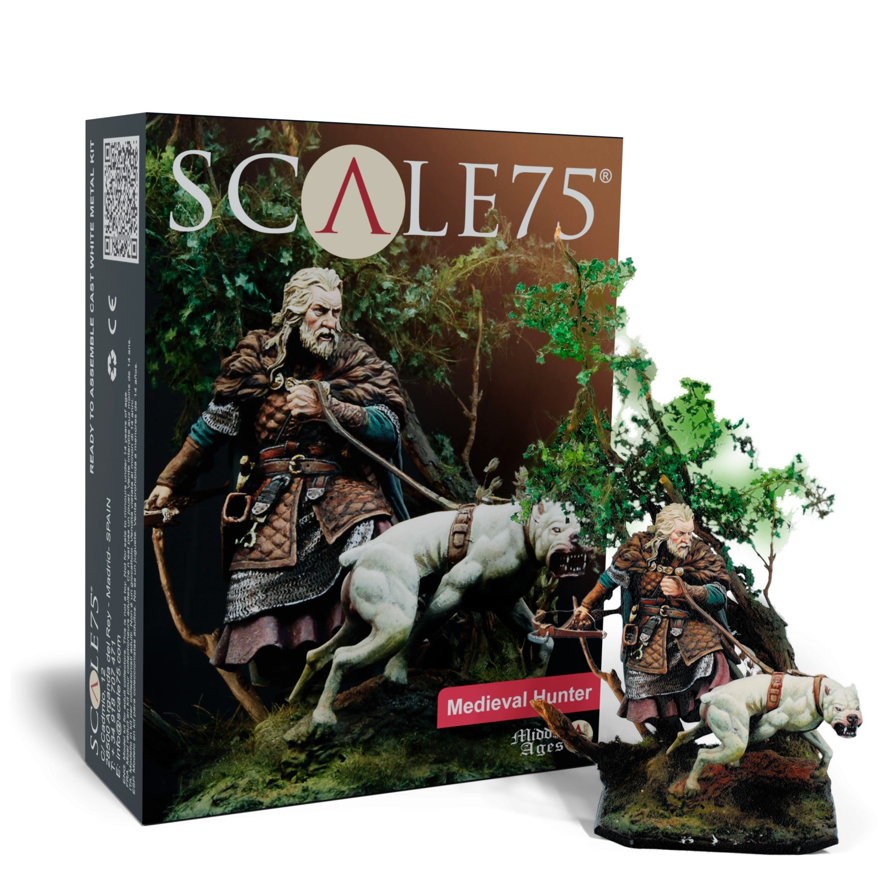 A Scale75 Medieval Hunter model kit box and assembled miniature of a man with a crossbow leading an aggressive white dog.