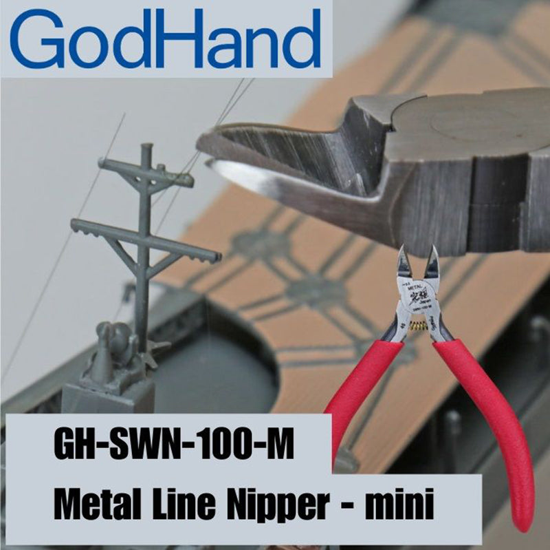 Red-handled GodHand mini metal nippers. Background shows the tool cutting fine wires on a miniature model
