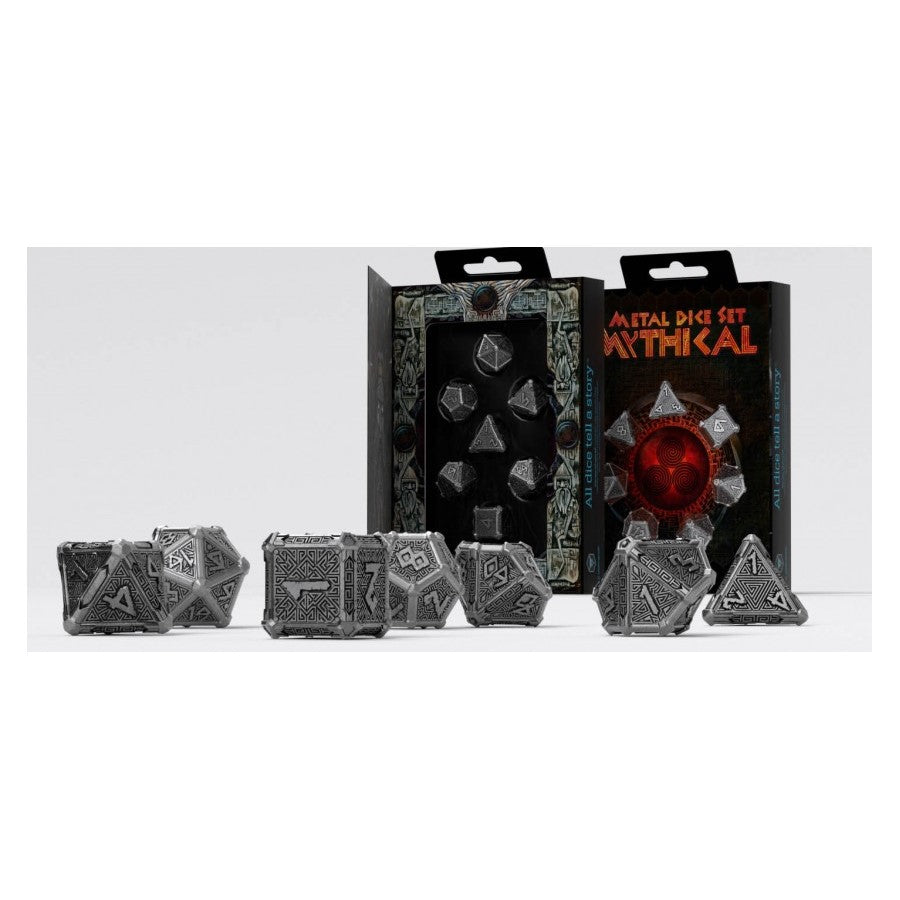 Q Workshop Metal Mythical RPG Dice Set with seven silver-colored polyhedral dice and two open product boxes