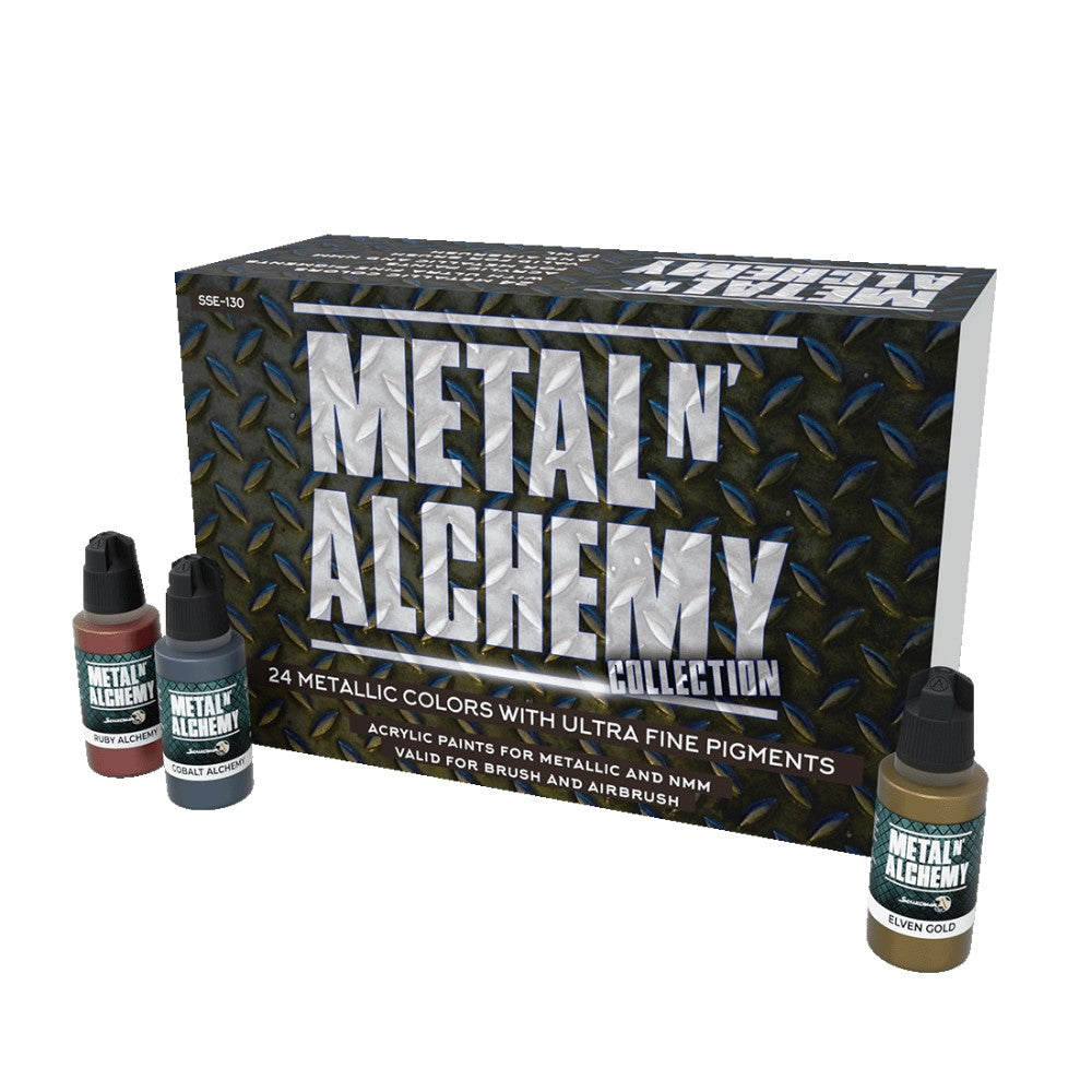 Metal N' Alchemy 24 metallic paint collection box with three individual bottles: ruby, cobalt, and elven gold.