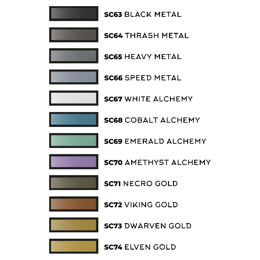 Vertical chart displaying 12 distinct colour swatches, numbered SC63-SC74, with names like "Black Metal" and "Elven Gold."