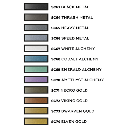 Vertical chart displaying 12 distinct colour swatches, numbered SC63-SC74, with names like "Black Metal" and "Elven Gold."