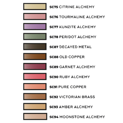 12 rectangular colour swatches with codes and names, including shades of yellow, pink, purple, green, and brown.