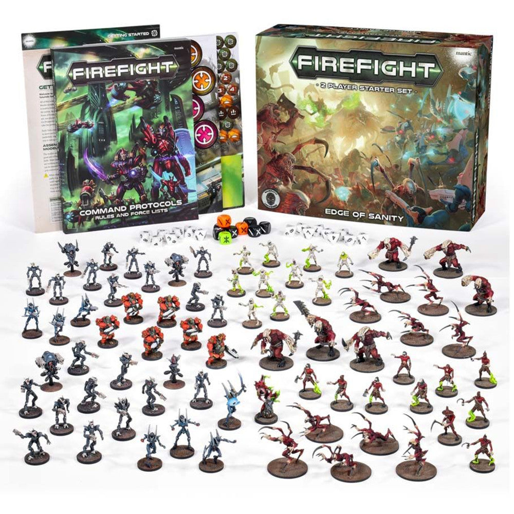 A Firefight 2-Player Starter Set featuring the game box, rulebooks, dice and a large collection of unpainted sci-fi miniatures.