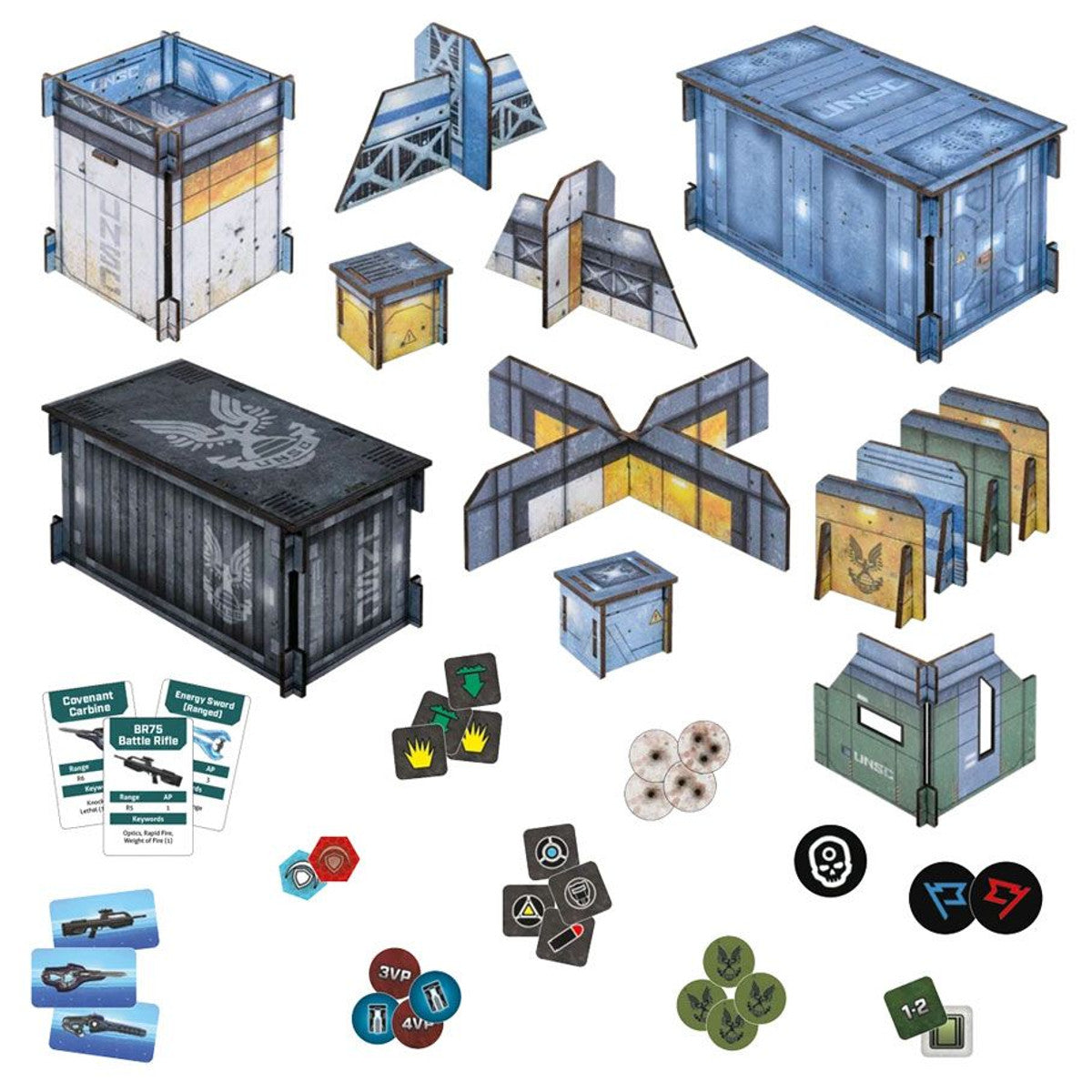 Halo miniature wargame set featuring cardboard terrain (crates, walls), various tokens, and weapon cards