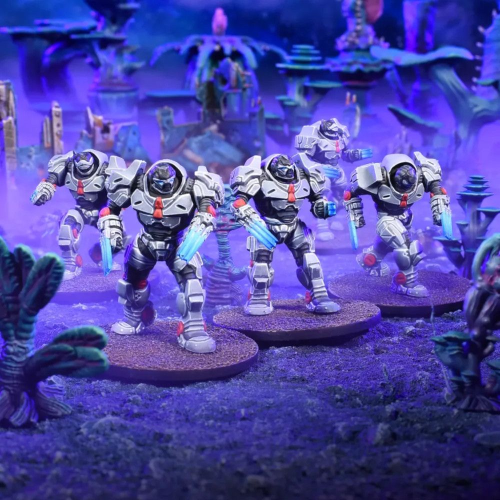 Painted Firefight Enforcer Peacekeepers miniatures equipped with Phaseclaws in action pose
