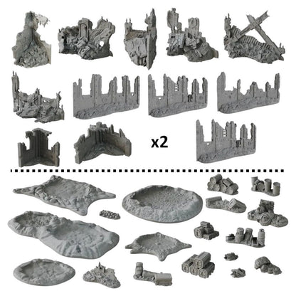 Set of unpainted wargaming terrain: ruined city buildings, walls, battle-scarred ground, barrels, tank traps, and barricades for tabletop games