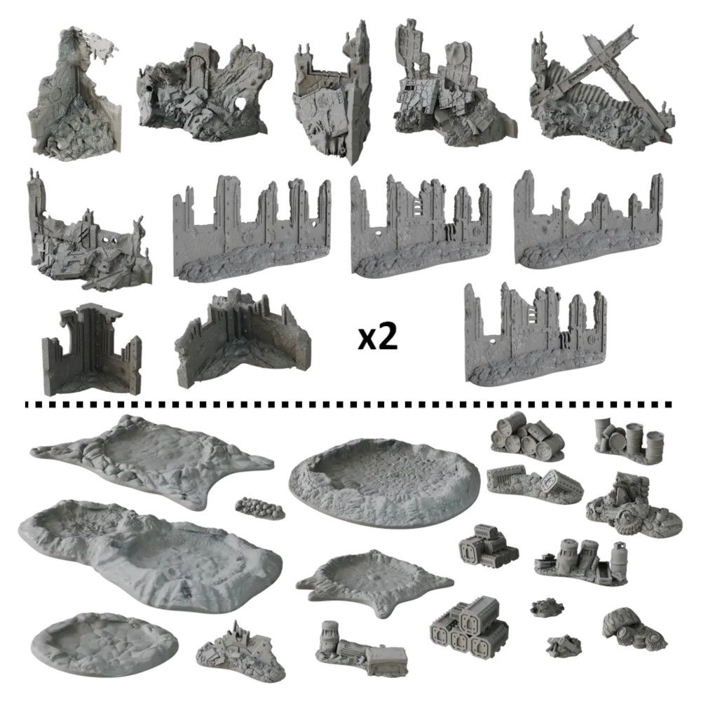 Set of unpainted wargaming terrain: ruined city buildings, walls, battle-scarred ground, barrels, tank traps, and barricades for tabletop games