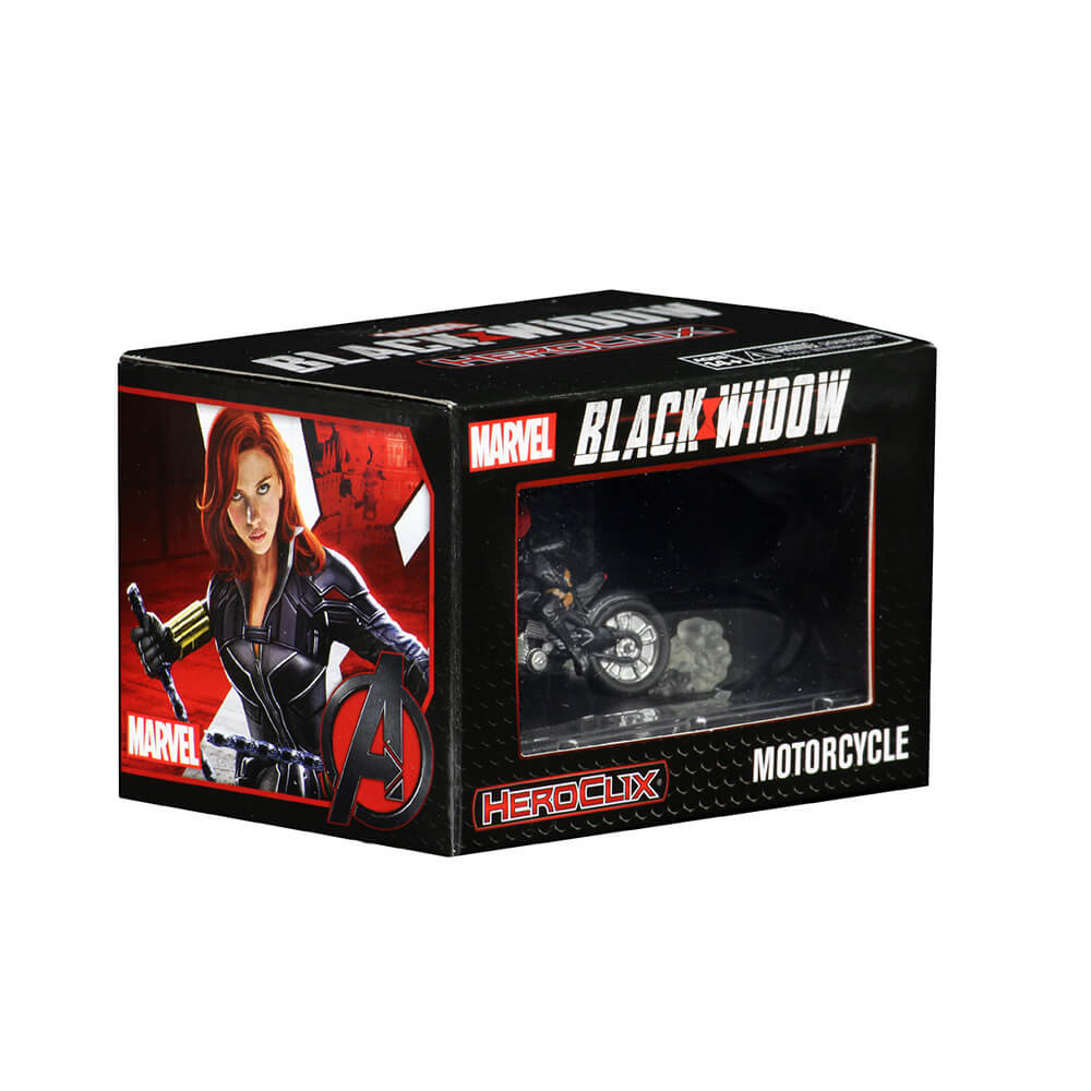 The Marvel HeroClix Black Widow with Motorcycle box has a large illustration of Black Widow and a clear window displaying the motorcycle toy