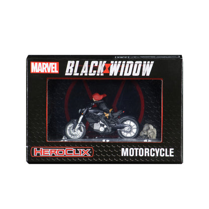 A Marvel HeroClix Black Widow with Motorcycle figurine in its black display box