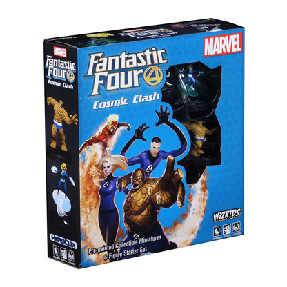 A Marvel HeroClix Fantastic Four Cosmic Clash Starter Set box showing comic book character illustrations and miniature collectible figures
