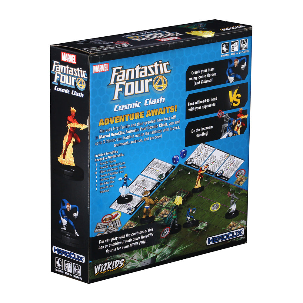 The Marvel HeroClix Fantastic Four Cosmic Clash Starter Set box features game figures, a map, and text about the game